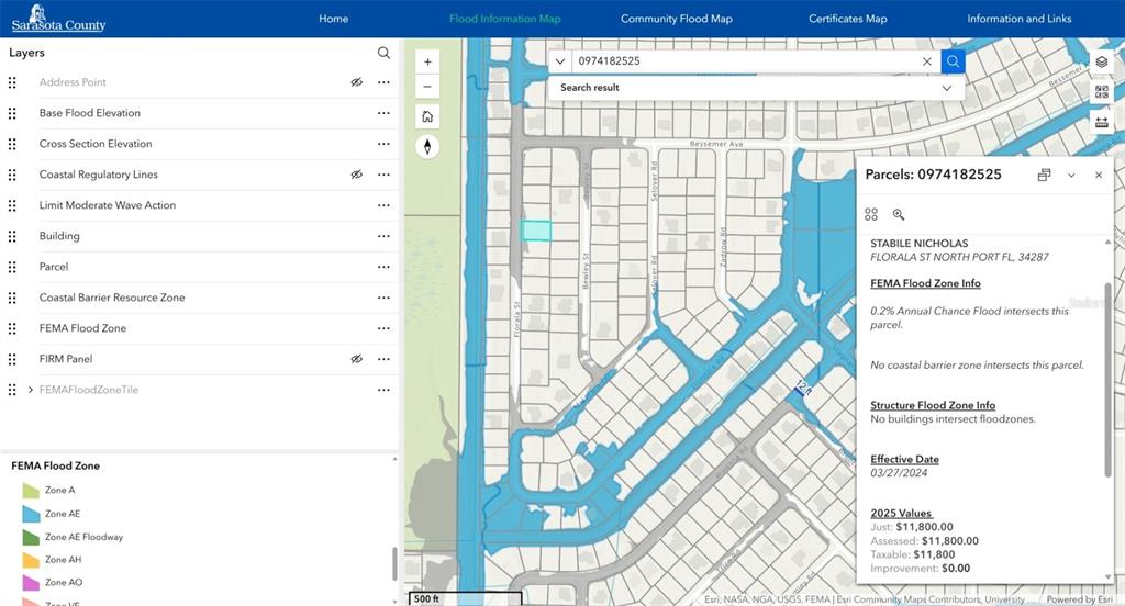This is a digital map showing a parcel search result for a property in Sarasota County — FLORALA STREET, NORTH PORT, FL