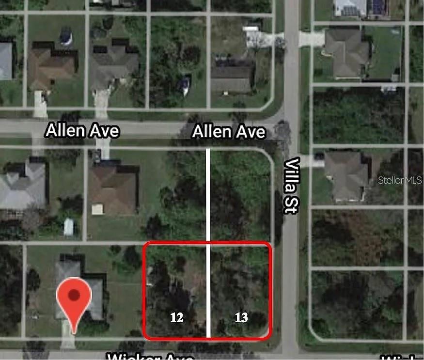This is a satellite map showing two adjacent vacant lots labeled 12 and 13 — 21360 WICKER AVENUE, PORT CHARLOTTE, FL