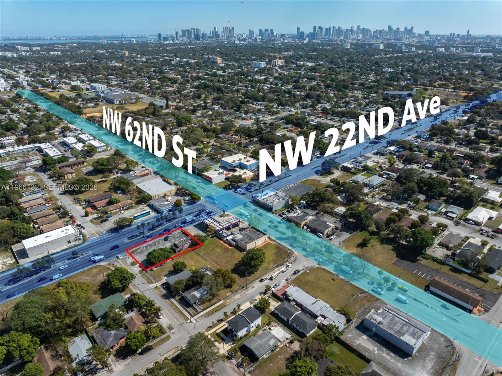 An aerial view shows a commercial lot outlined in red at a street intersection — 6210 NW 22nd Ave, Miami FL 33147, MIAMI, FL