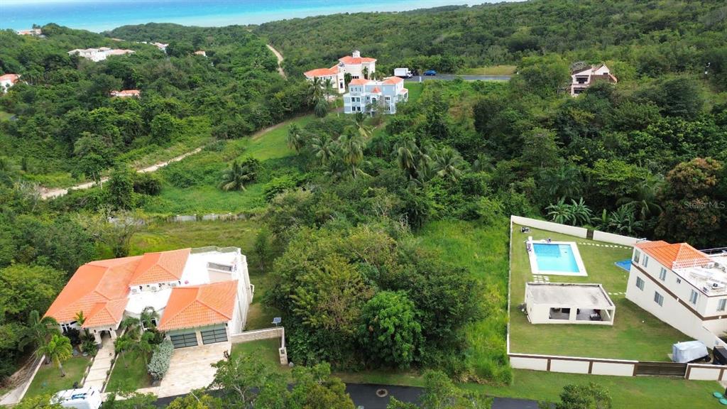 An aerial view shows two large houses with swimming pools surrounded by lush tropical vegetation — 39 COCOLOBA UNIT 39, HUMACAO, PR