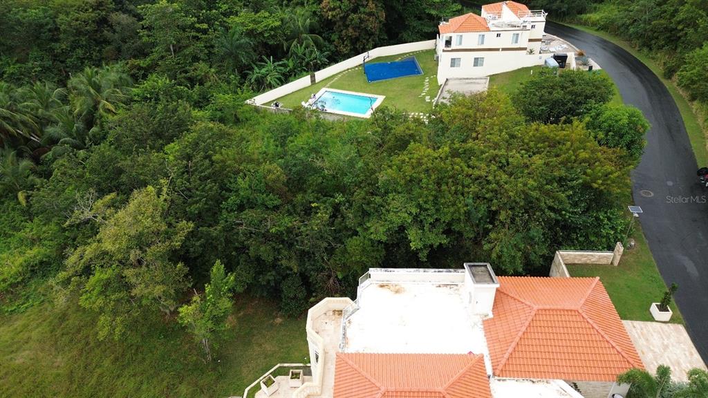 An aerial view shows two houses with orange-tiled roofs, swimming pools, and surrounding lush vegetation — 39 COCOLOBA UNIT 39, HUMACAO, PR