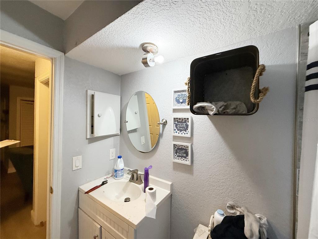 A bathroom features a white vanity, an oval mirror, wall-mounted decor, and a metal storage bin — 1521 W SAINT ELIZABETH PLACE, CITRUS SPRINGS, FL