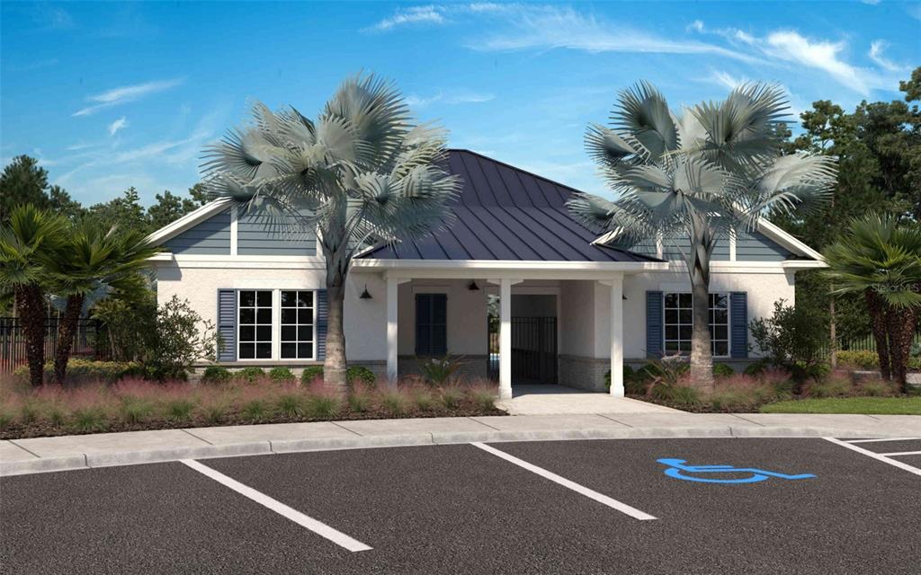 This is a rendering of a single-story community clubhouse with a metal roof and parking — 10040 BLACKSTONE CREEK COURT Aster, RIVERVIEW, FL