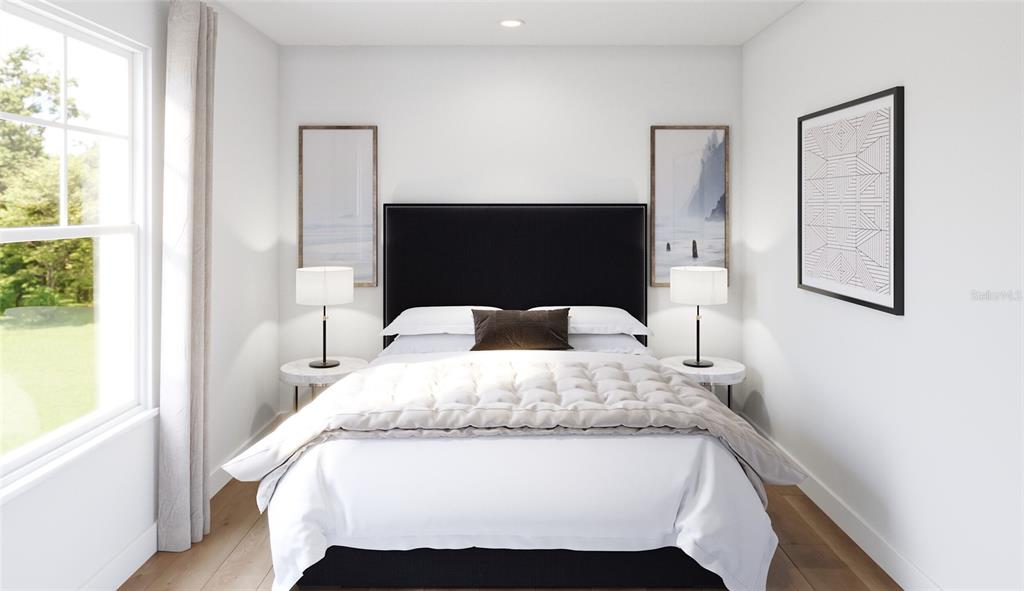 This rendering shows a bedroom with a black headboard, two lamps, and framed wall art — 10040 BLACKSTONE CREEK COURT Aster, RIVERVIEW, FL