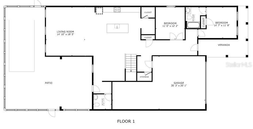 This floor plan shows a first-floor layout with a living room, two bedrooms, and a garage — 2342 LANCASHIRE STREET, DAVENPORT, FL