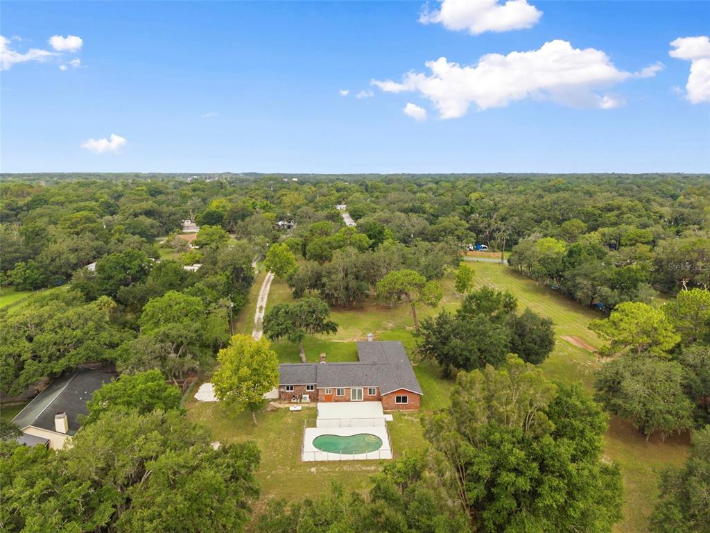An aerial view shows a brick house with a pool and large yard surrounded by trees — 10115 FRIERSON LAKE DRIVE, HUDSON, FL