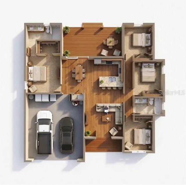 This 3D floor plan rendering shows a three-bedroom house with a garage and outdoor deck — 3371 AZALEA DRIVE, INDIAN LAKE ESTATES, FL