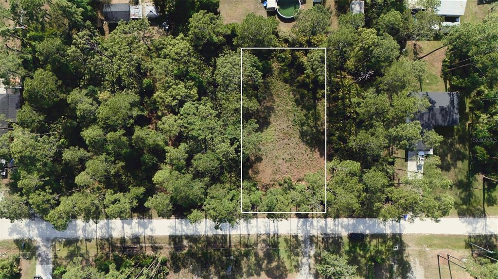 An aerial view shows a rectangular, wooded vacant lot outlined in white along a road — 2124 EAST PARKWAY, DELAND, FL