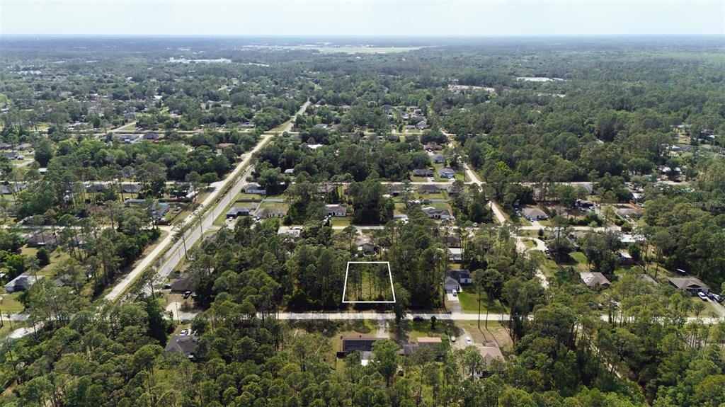 An aerial view shows a rectangular plot of land outlined in white within a wooded neighborhood — 2124 EAST PARKWAY, DELAND, FL