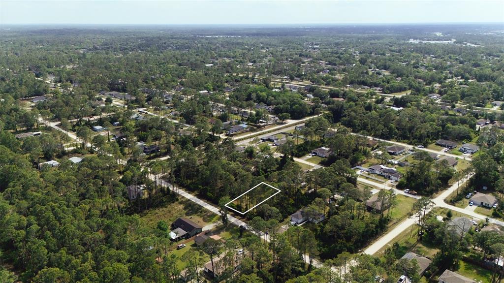 An aerial view shows a rectangular plot of land outlined in white within a wooded neighborhood — 2124 EAST PARKWAY, DELAND, FL