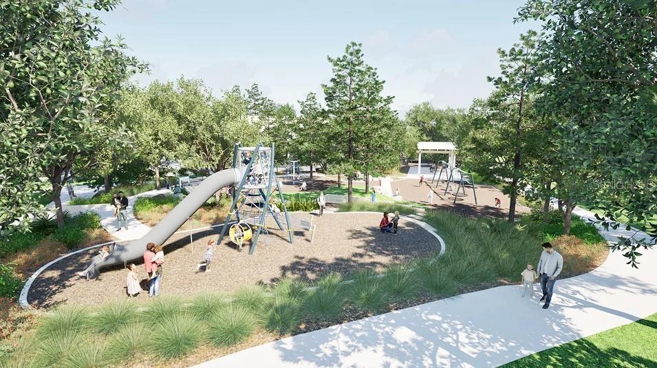 This is a rendering of a park playground with a slide, climbing structure, and walking paths — 4572 FORGE ROAD, ST CLOUD, FL