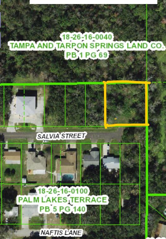 This is an aerial map showing a vacant lot highlighted in yellow near residential streets — 4715 SALVIA STREET, NEW PORT RICHEY, FL