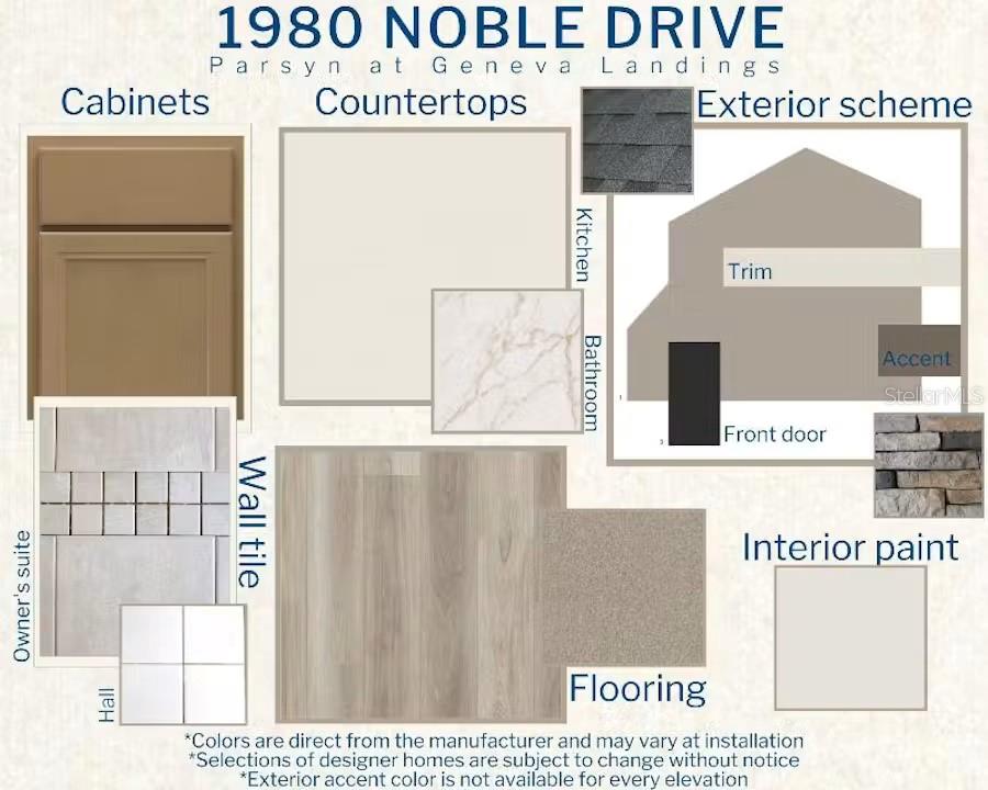 This design board displays material samples for cabinets, countertops, flooring, tile, and exterior color schemes — 1980 NOBLE DRIVE, DAVENPORT, FL