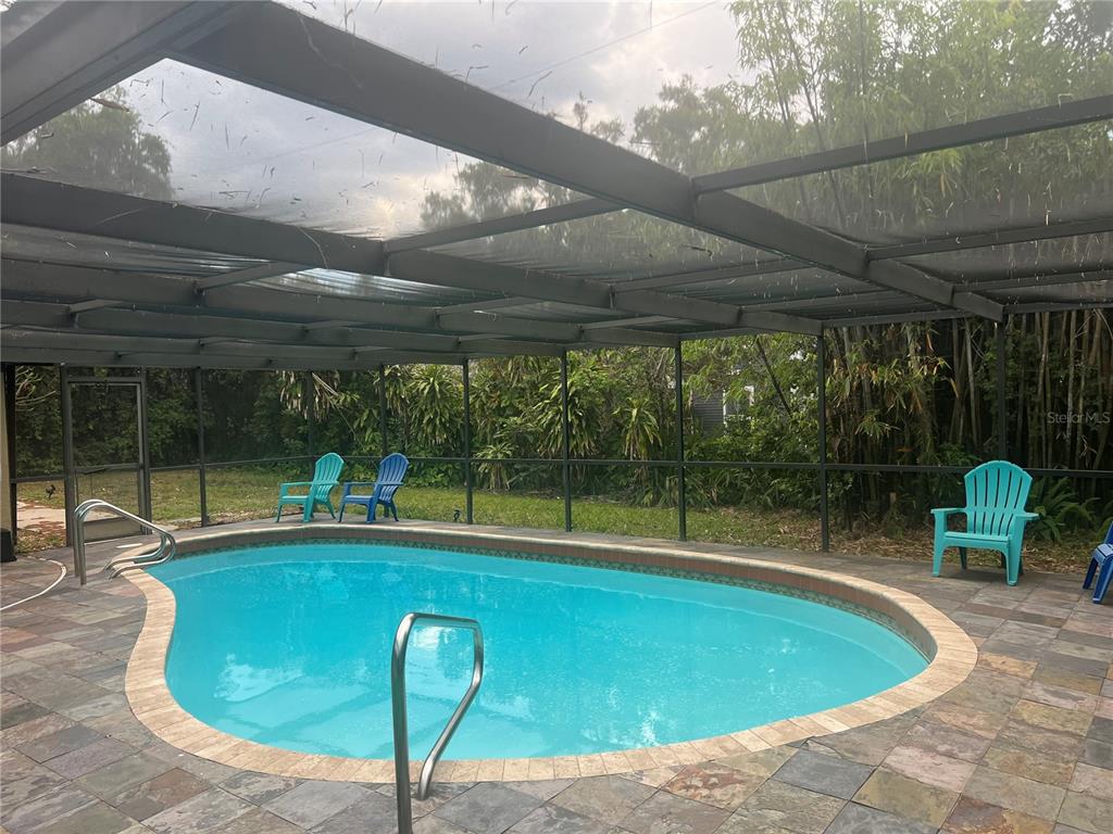 A kidney-shaped swimming pool sits on a stone patio inside a screened-in pool enclosure — 226 DELMAR AVE, SARASOTA, FL