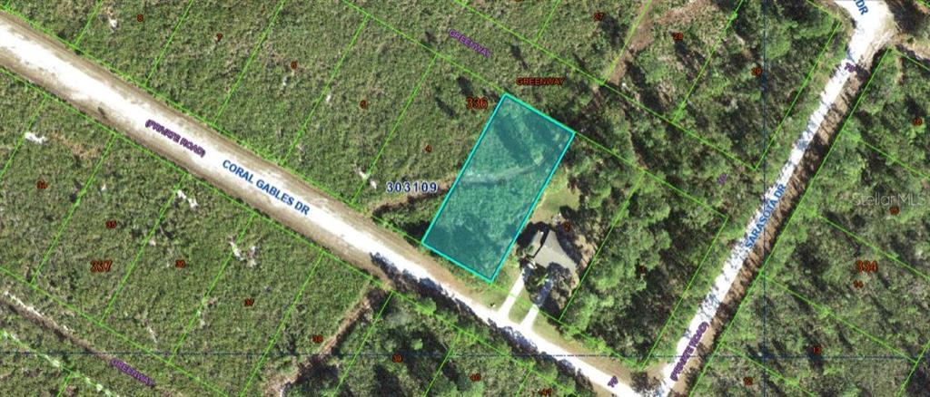 This is an aerial map showing a highlighted rectangular lot located between two dirt roads — CORAL GABLES DRIVE, INDIAN LAKE ESTATES, FL