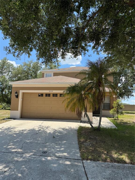 A two-story house with a tan stucco exterior, a two-car garage, and a palm tree — 18006 BIRDWATER DRIVE, TAMPA, FL