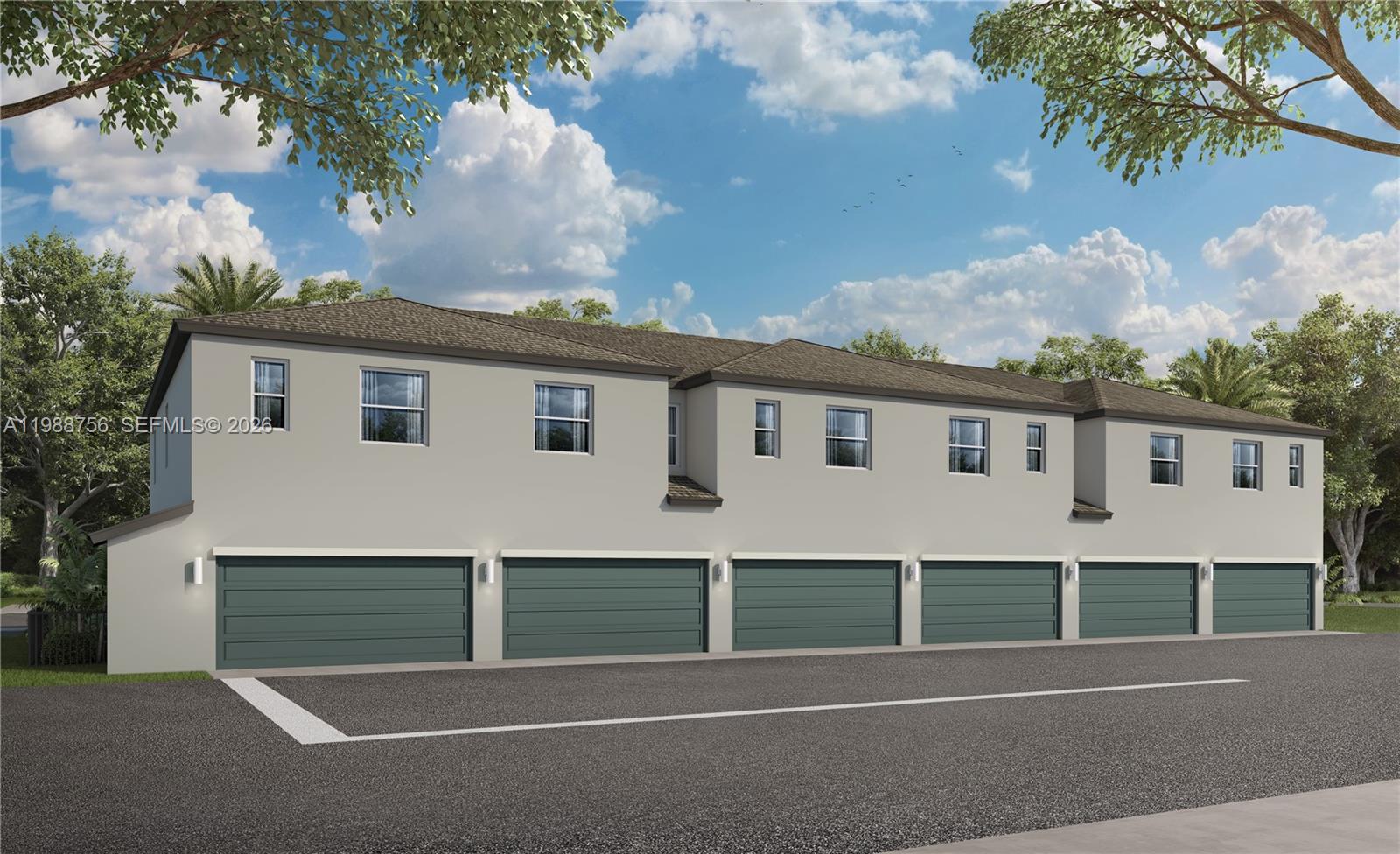 This rendering shows the exterior of a multi-unit townhouse building with six garage doors — 11048 SW 231 LANE # 4, Miami FL 33170, MIAMI, FL