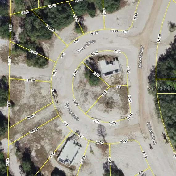 This is an aerial map showing a residential cul-de-sac with property lot lines and dimensions — 330 BREAM CIRCLE, POINCIANA, FL