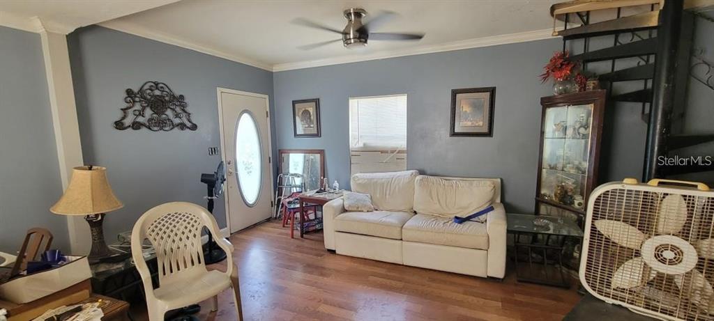 A living room features blue walls, wood flooring, a white sofa, and a spiral staircase — 9895 NE 30TH COURT, ANTHONY, FL