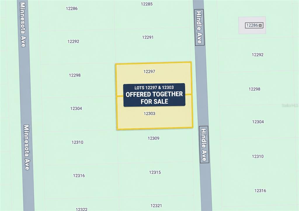 This is a map showing two adjacent lots offered together for sale — 12297 and 12303 HINDLE AVENUE, PUNTA GORDA, FL