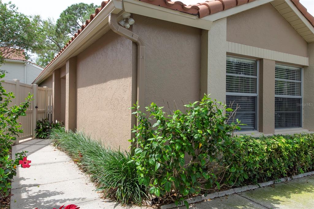 A tan stucco house exterior features a concrete walkway, a white fence, and landscaping — 491 ST TROPEZ CIRCLE NE, ST PETERSBURG, FL