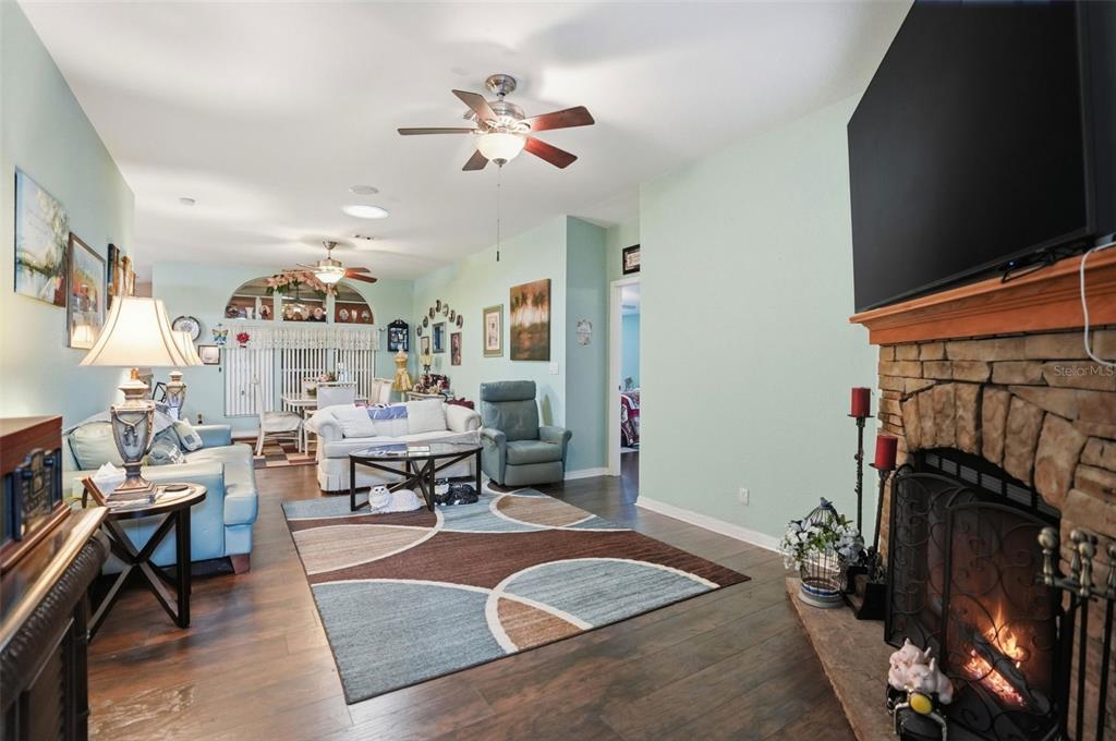 A living room features a stone fireplace, light green walls, and a patterned area rug — 14358 MIDFIELD STREET, BROOKSVILLE, FL