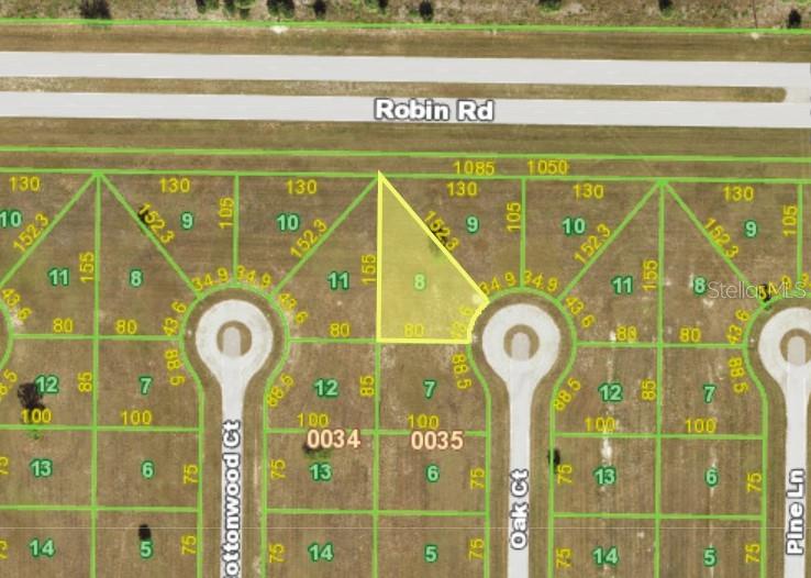 This is a map showing a highlighted vacant residential lot in a suburban neighborhood — 15 OAK COURT, PLACIDA, FL