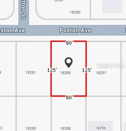 This map shows a rectangular lot with dimensions of 80 feet by 125 feet — 18289 POSTON AVENUE, PORT CHARLOTTE, FL