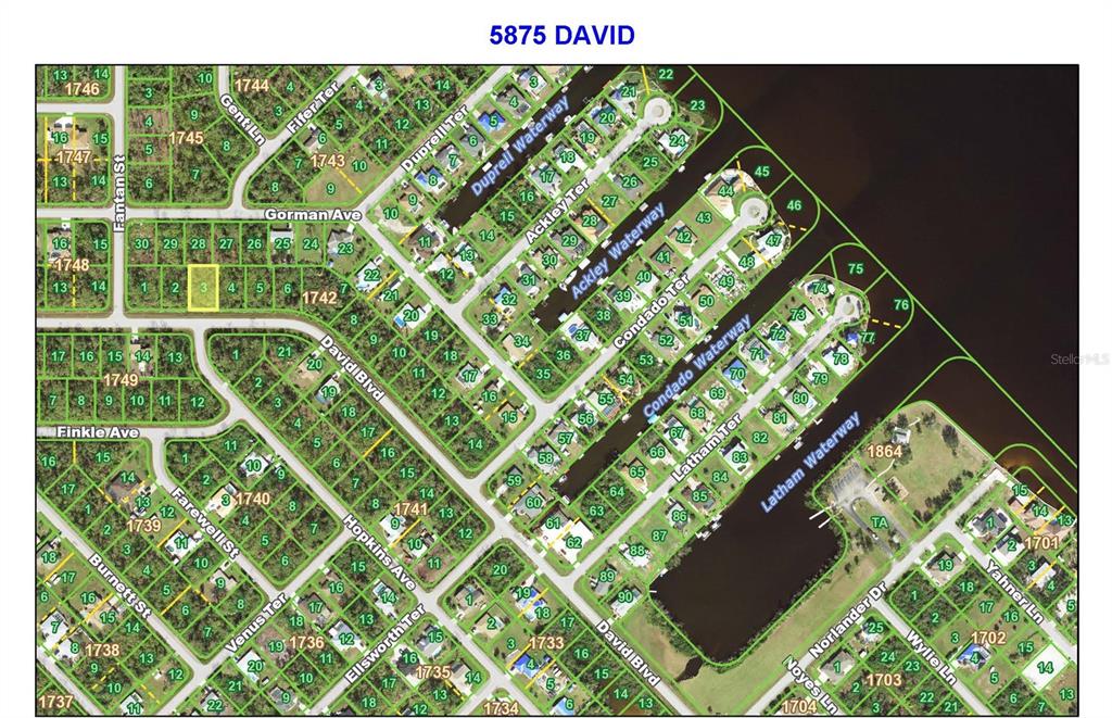 This is a map showing a residential neighborhood layout with streets and waterways — 5875 DAVID BOULEVARD, PORT CHARLOTTE, FL