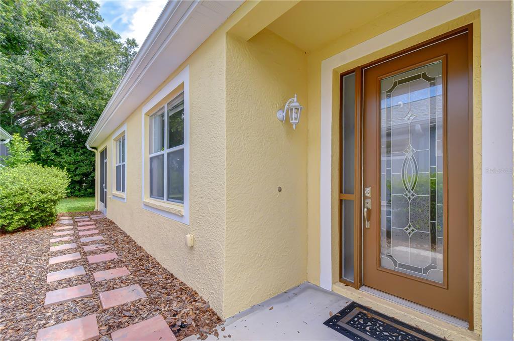 A yellow exterior wall features a brown front door with a decorative glass insert — 8049 SANGUINELLI ROAD, LAND O LAKES, FL