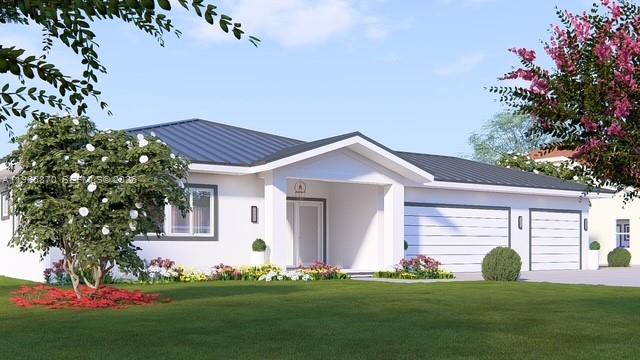 This is a digital rendering of a modern single-story house with a two-car garage — 5611 NW 77th Ct, Parkland FL 33073, PARKLAND, FL
