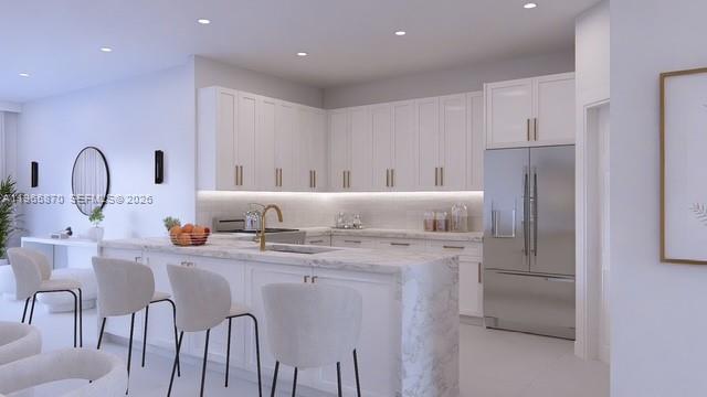 This rendering shows a modern white kitchen with marble countertops and a breakfast bar — 5611 NW 77th Ct, Parkland FL 33073, PARKLAND, FL