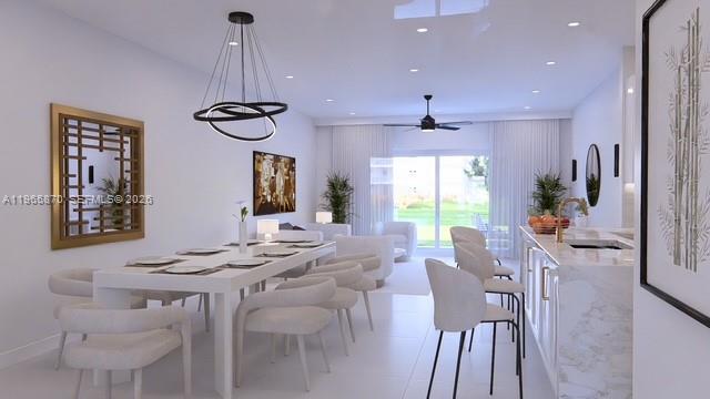 This rendering shows an open-concept dining and kitchen area with modern furniture and white finishes — 5611 NW 77th Ct, Parkland FL 33073, PARKLAND, FL