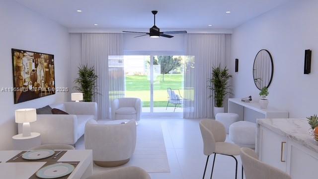 This is a rendering of a modern living room featuring white furniture and a ceiling fan — 5611 NW 77th Ct, Parkland FL 33073, PARKLAND, FL