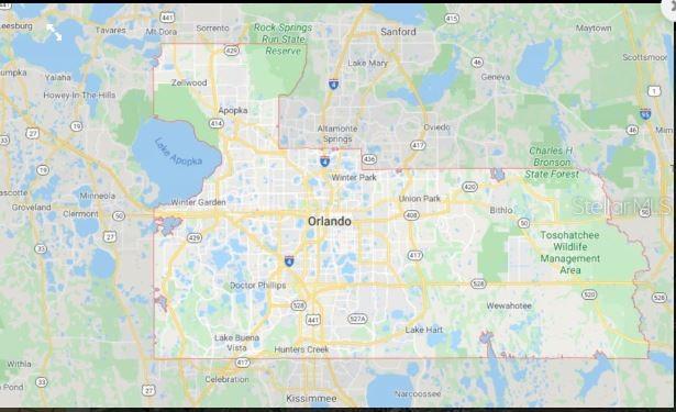 This is a map showing the geographic boundaries of Orange County, Florida — INTERNATIONAL DRIVE S, ORLANDO, FL
