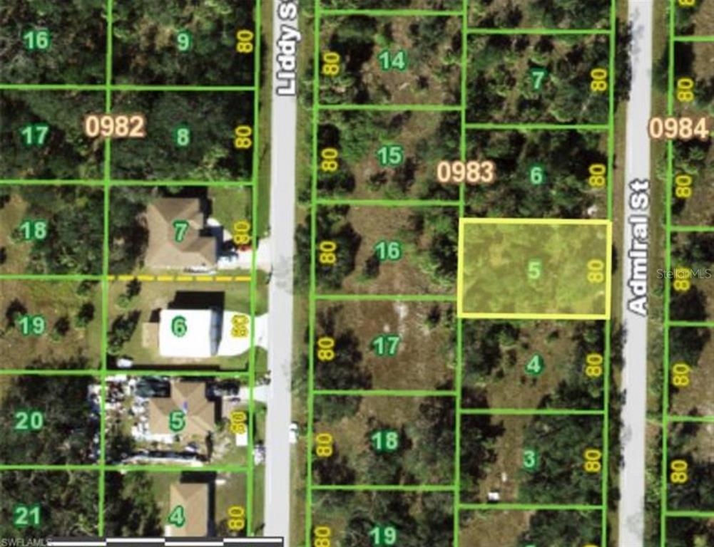 This is an aerial map showing a highlighted rectangular land parcel between two streets — 441 ADMIRAL STREET, PORT CHARLOTTE, FL