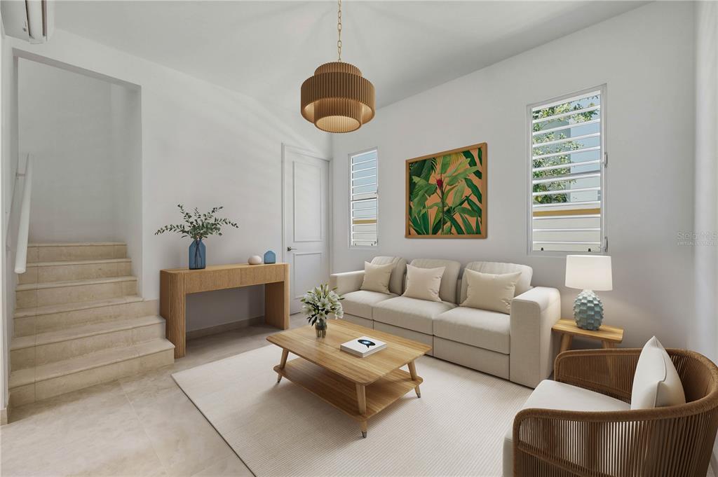 This is a virtual rendering of a living room with a sofa, armchair, and stairs — 16 PACIFIC PLACE STREET, SAN JUAN, PR