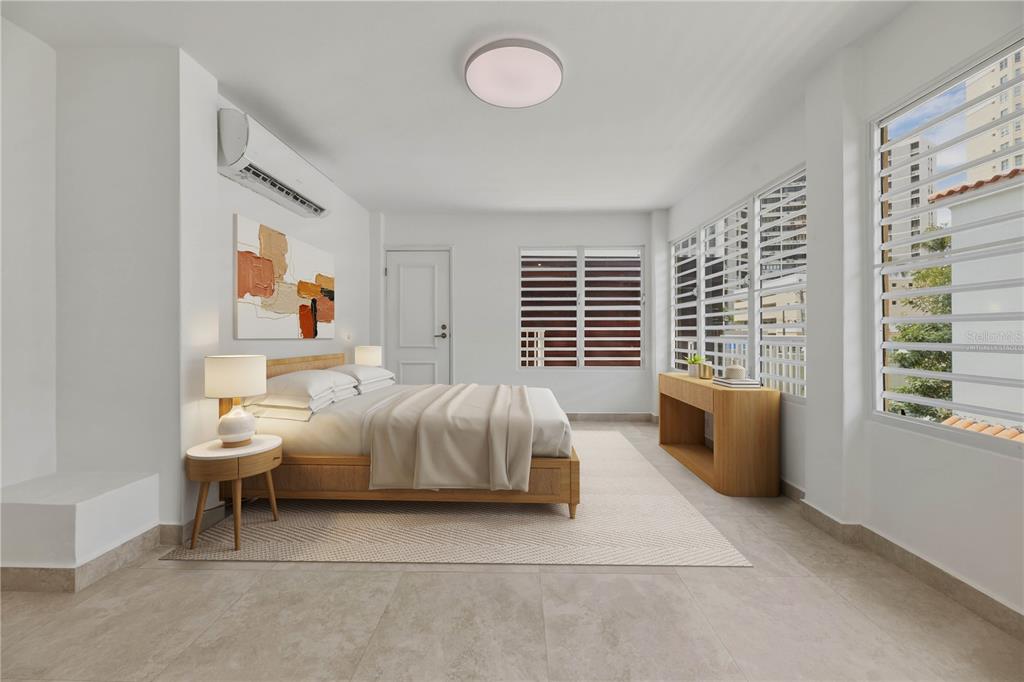 This is a digital rendering of a bedroom featuring a bed, light-colored tile, and windows — 16 PACIFIC PLACE STREET, SAN JUAN, PR
