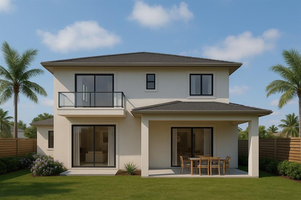 A digital rendering of the rear exterior of a two-story house with a patio — 505 ARDENWOOD STREET, TAMPA, FL