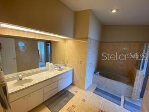 A bathroom features a long vanity with a double sink, a large mirror, and a tub — 30 SAN RAFAEL COURT, PALM COAST, FL