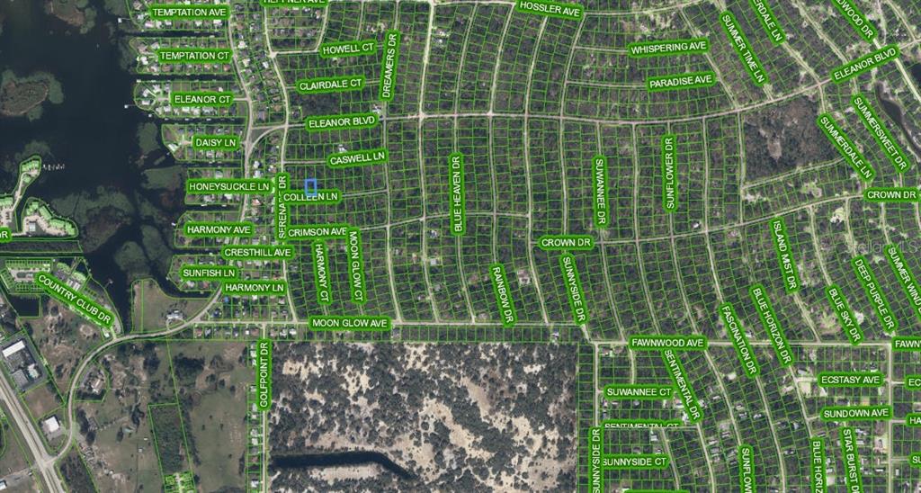 This is an aerial map showing a residential neighborhood with various streets and lots — 208 COLEEN LANE, LAKE PLACID, FL