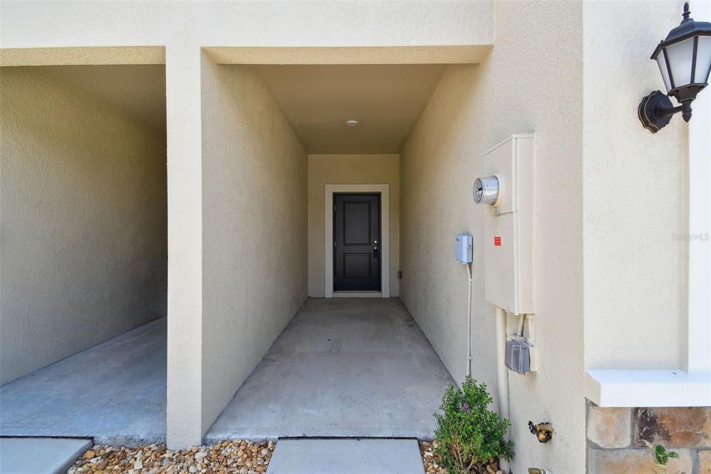 A covered entryway leads to a dark front door with an adjacent electrical meter box — 2665 BUTTERCUP LUCINE LANE, RUSKIN, FL