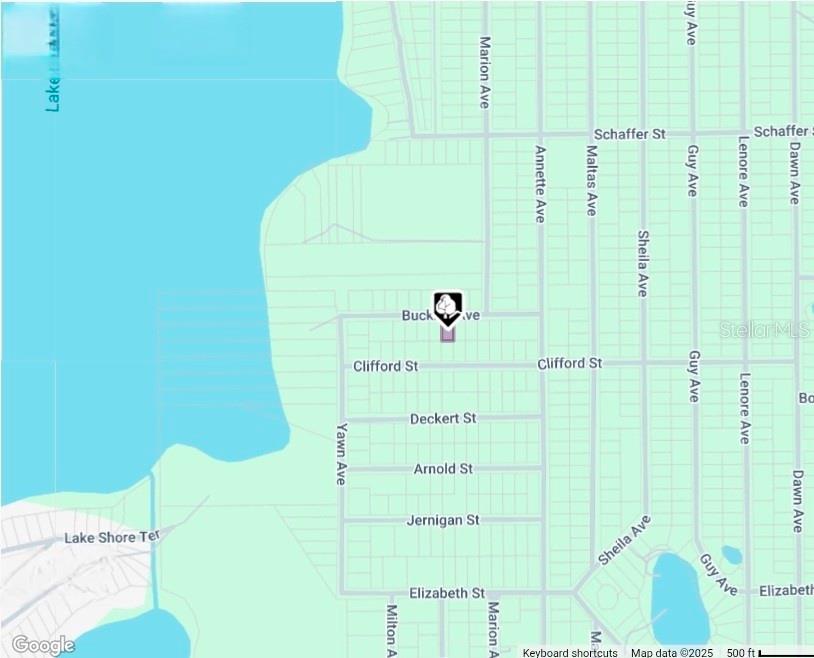 This is a map showing a residential area near a lake with a location marker — LOT 8 BUCKLES AVENUE, INTERLACHEN, FL