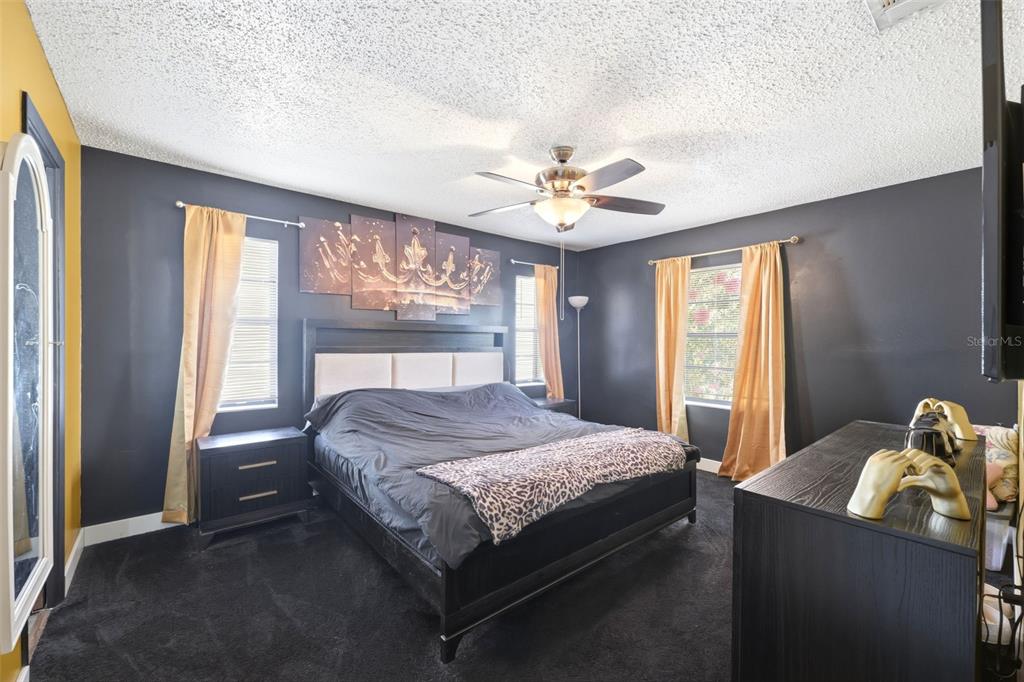 A bedroom features dark walls, black carpet, a bed with a crown print, and gold curtains — 5552 W IRVING COURT, HOMOSASSA, FL