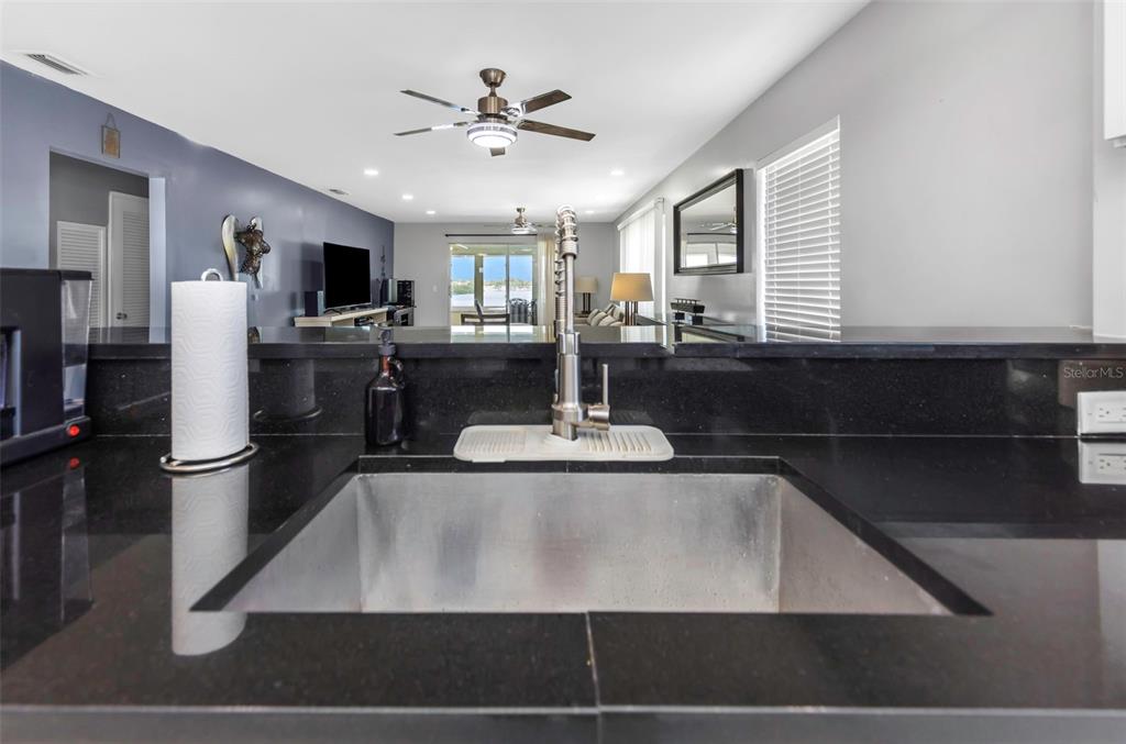 A kitchen sink with a stainless steel faucet sits in a black granite countertop — 1819 SHORE DRIVE S UNIT 318, SOUTH PASADENA, FL