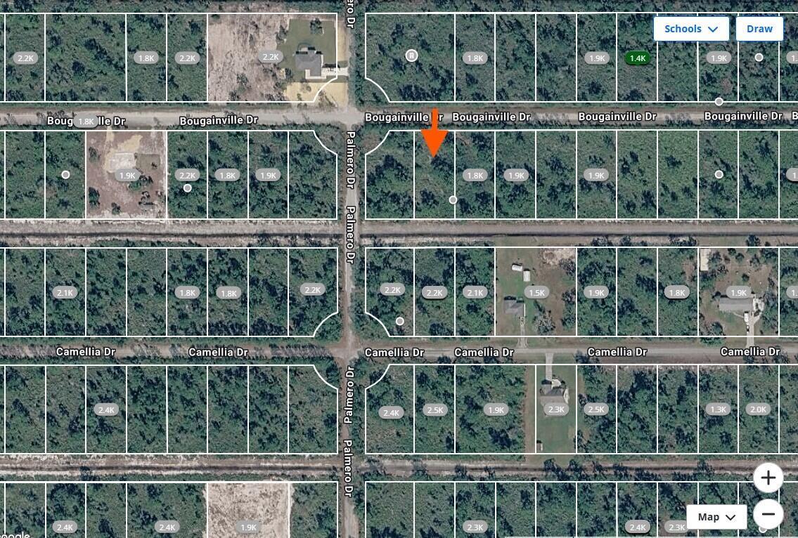 This is a satellite map view of a residential area with vacant wooded lots — 0 Bougainvillea Drive, FL 33855, FL
