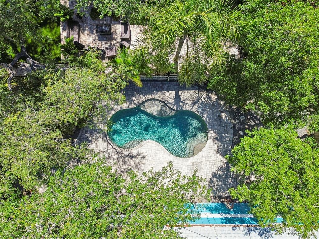 An aerial view shows a kidney-shaped swimming pool surrounded by a paved patio and trees — 416 TENNESSEE AVENUE, CRYSTAL BEACH, FL