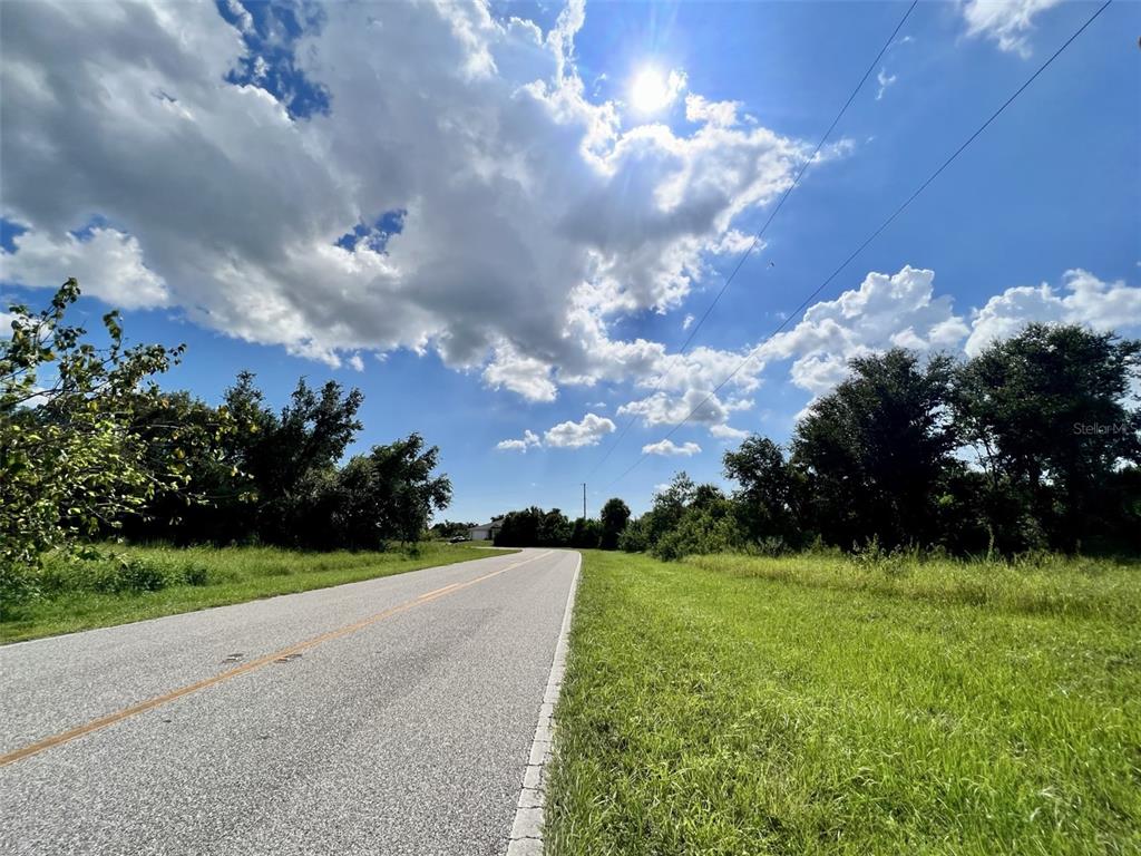 A paved road stretches into the distance between grassy fields and trees under a cloudy sky — 177 THERESA BOULEVARD, PORT CHARLOTTE, FL