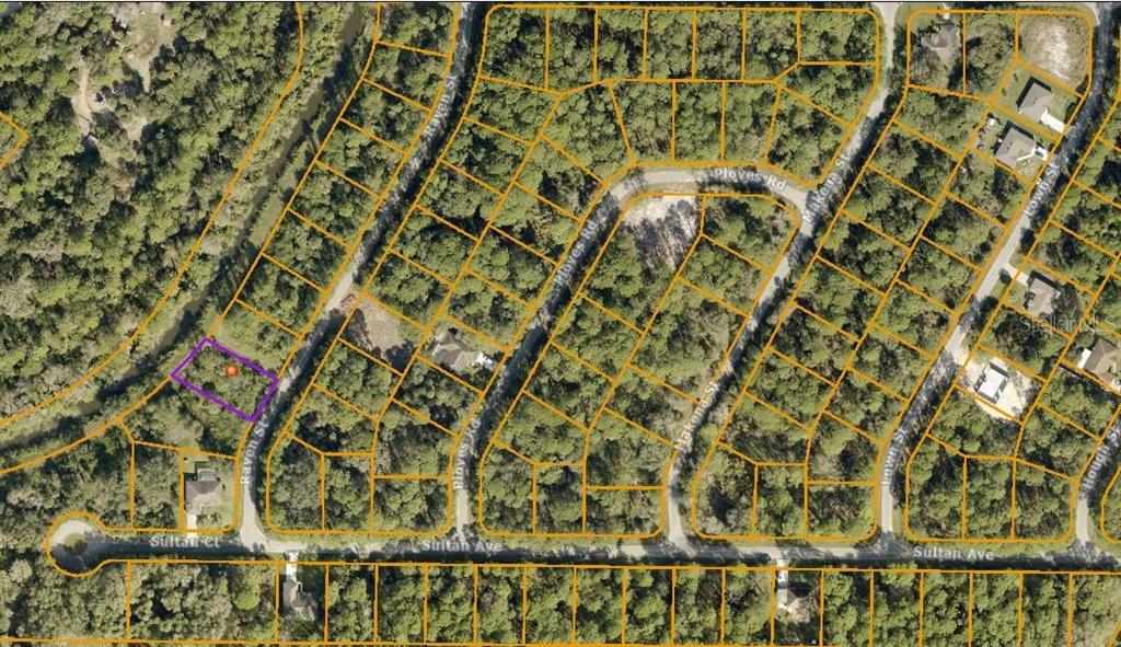 This is an aerial map showing a vacant residential lot outlined in purple — RAVEN STREET, NORTH PORT, FL