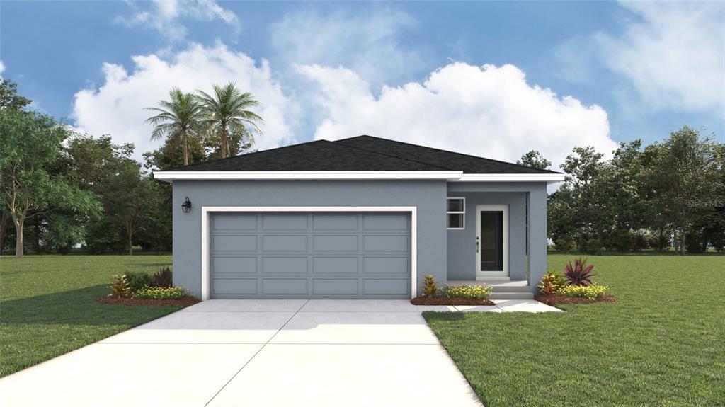 A digital rendering of a single-story house with a gray exterior and a two-car garage — 3501 16TH AVENUE S, ST PETERSBURG, FL